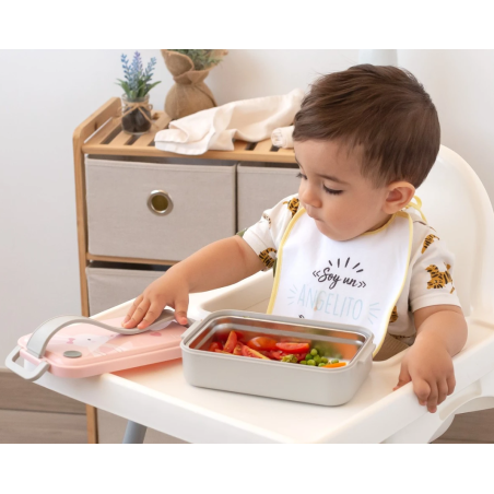 Kiokids Caja almuerzo acero inoxidable conejito rosa 550 ml