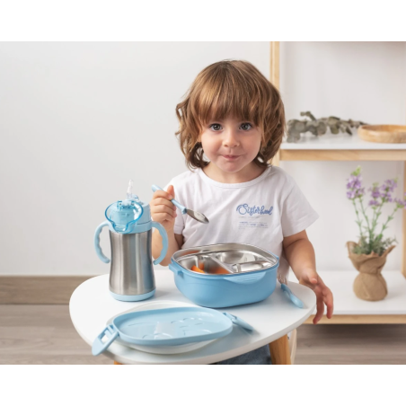 Kiokids Caja almuerzo en acero inoxidable azul con cubiertos