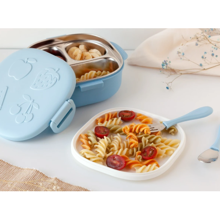 Kiokids Caja almuerzo en acero inoxidable azul con cubiertos