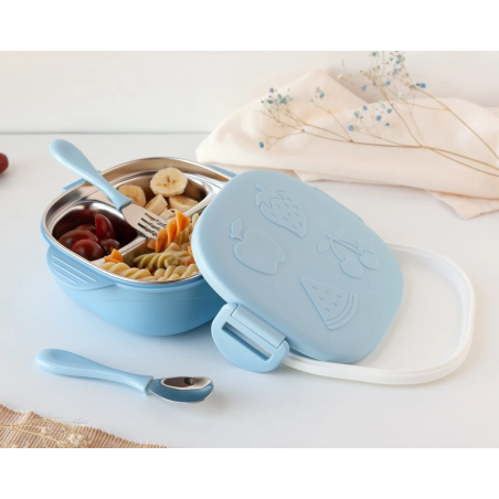Kiokids Caja almuerzo en acero inoxidable azul con cubiertos